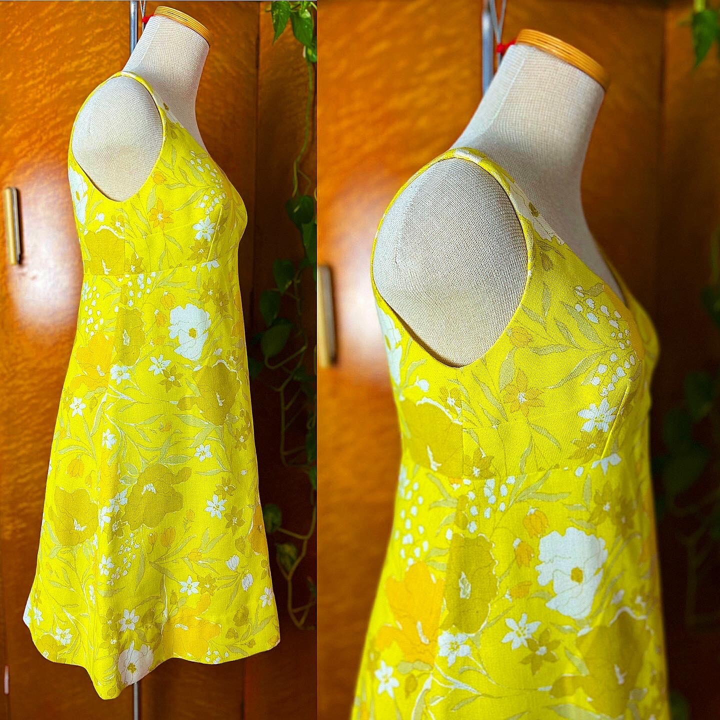 YELLOW LINEN 60s 1960’s Vintage Mod Floral Mini Shift Go Go Dress Sundress S M