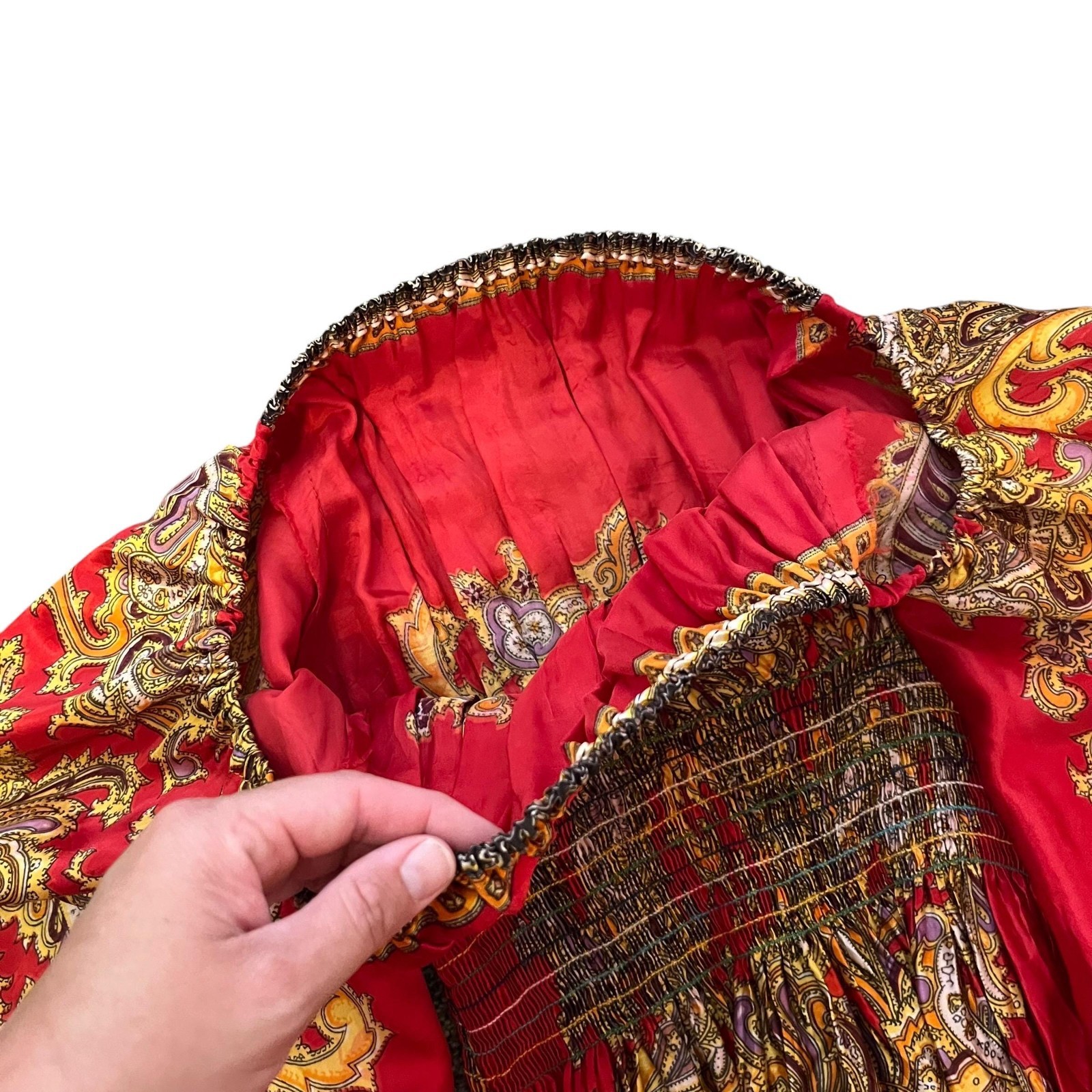 Vintage 1970s Red Kaftan Maxi Dress Asian Paisley Bell Sleeve Boho Pre-Owned