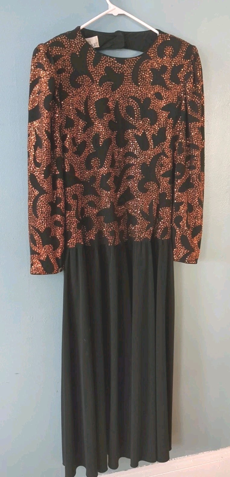 Black w Bronz Sequin Party Swing Dress Long Sleeve Open Back Ricki Lang for NUIT