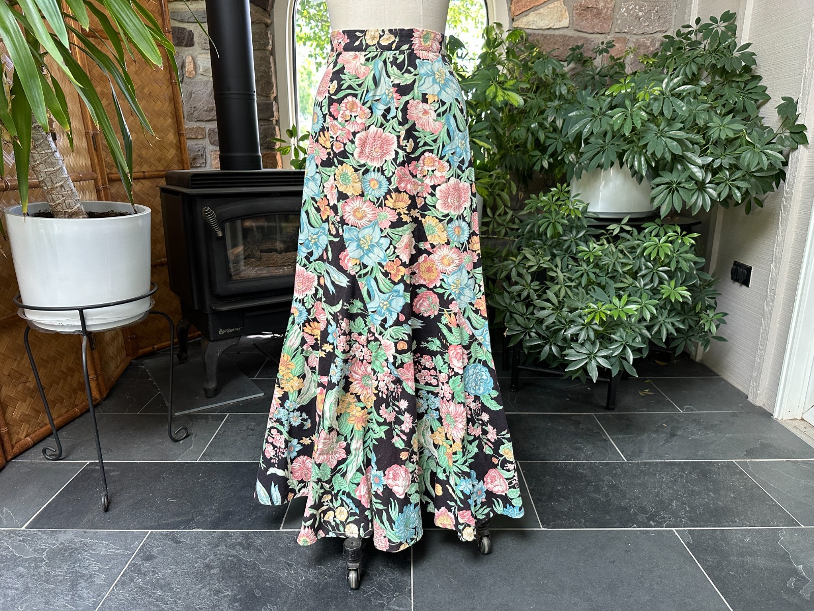 Vintage 1970s Bias Cut Swirl Black Pink Green Floral Maxi Skirt Kelita New York