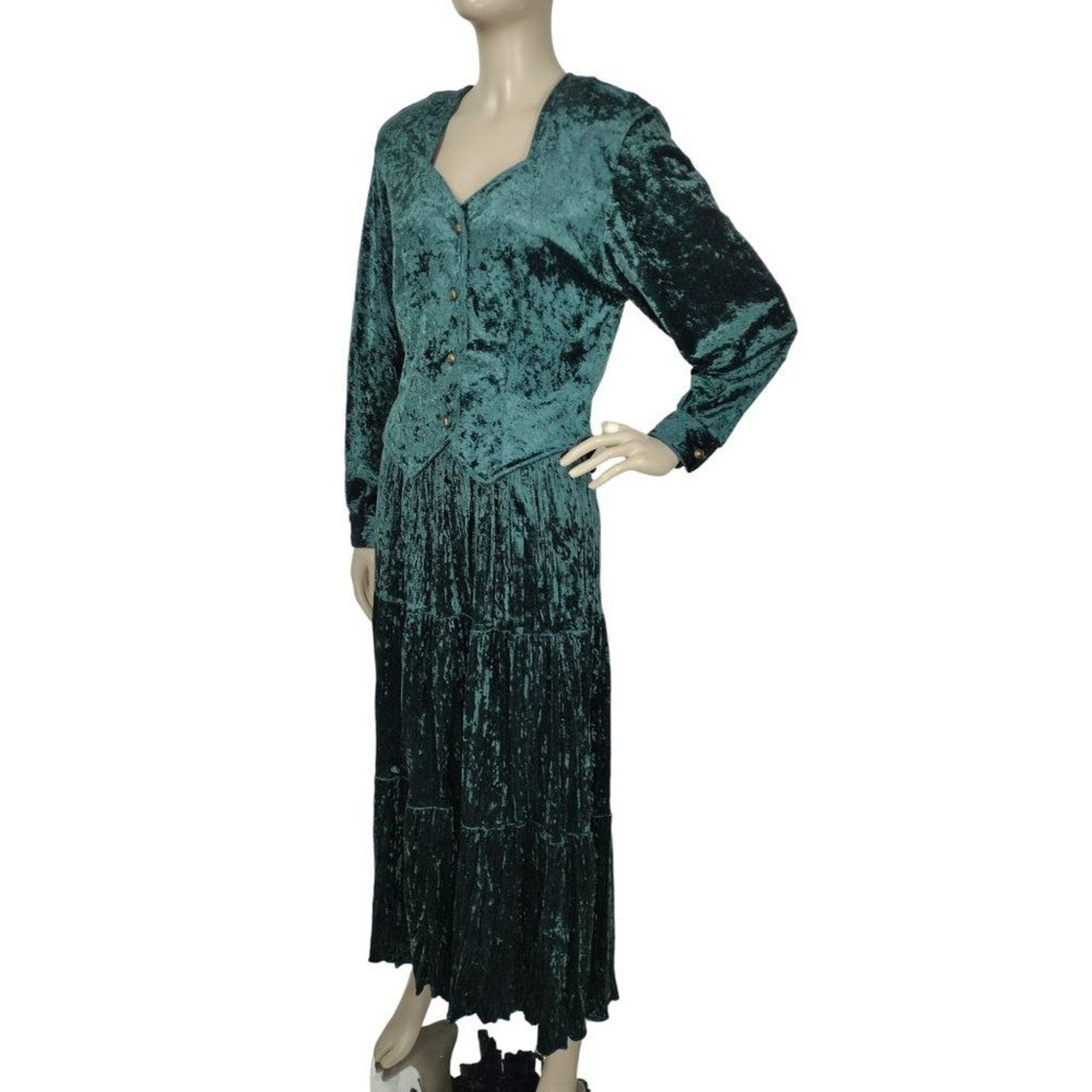 Vintage 70s Western Boho Prairie Green Crushed Velvet Tiered Maxi Skirt Top Set