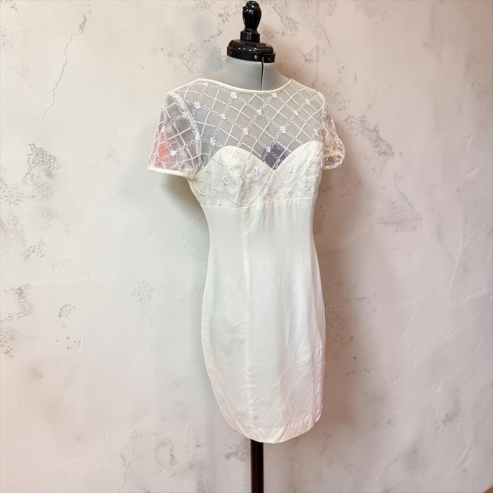 Ivory Lace Illusion Mini Dress 90s Donna Ricco Petite 8 Bridal Bow Back Slip