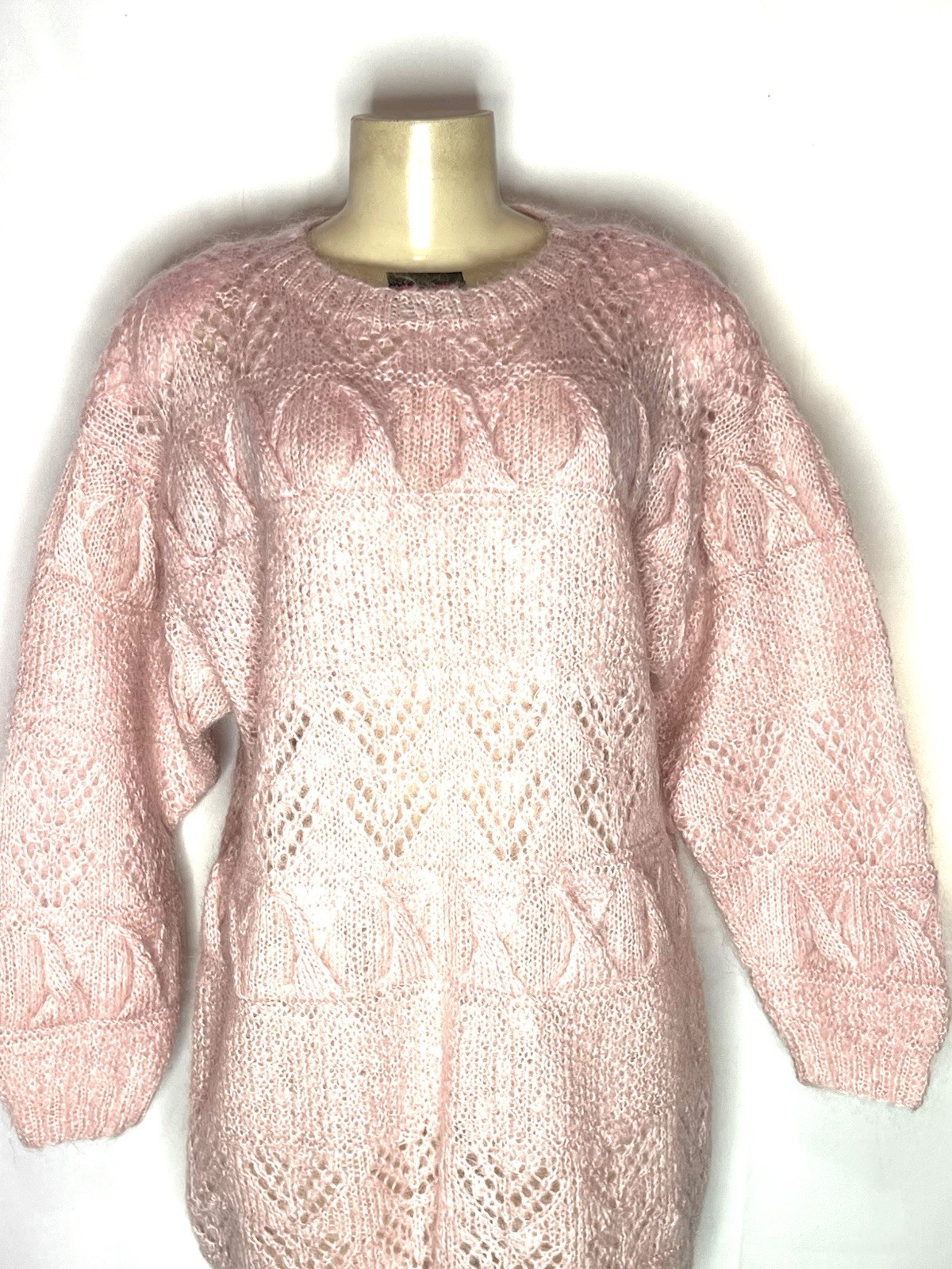 VINTAGE HAND KNIT JENNIFER REED PINK MOHAIR OVERSIZED TUNIC SWEATER SZ LG