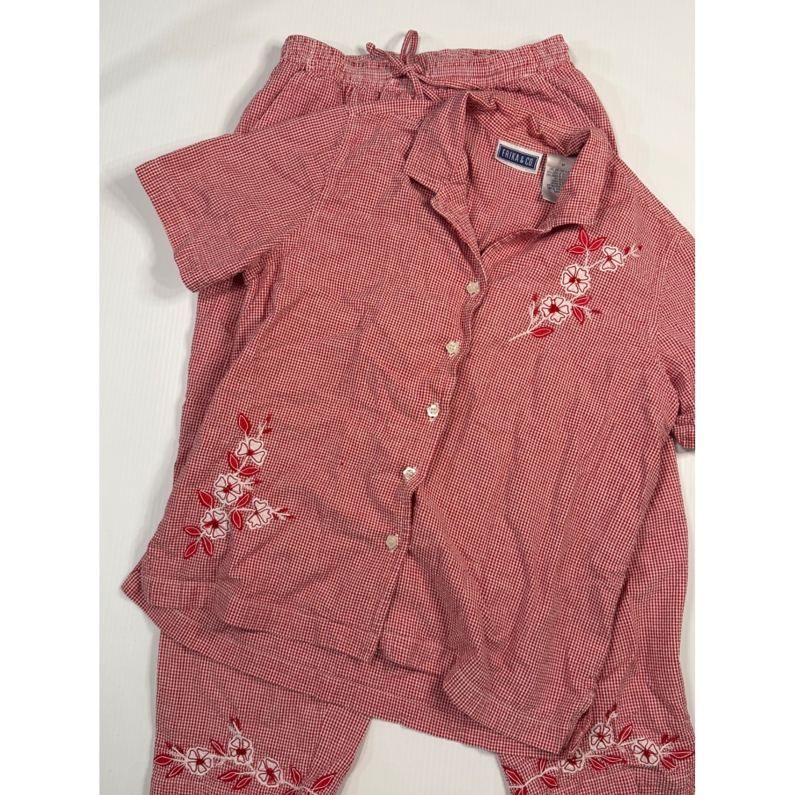 VTG Erika & Co Outfit Set Red Gingham Floral Embroidered Short Sleeve Medium