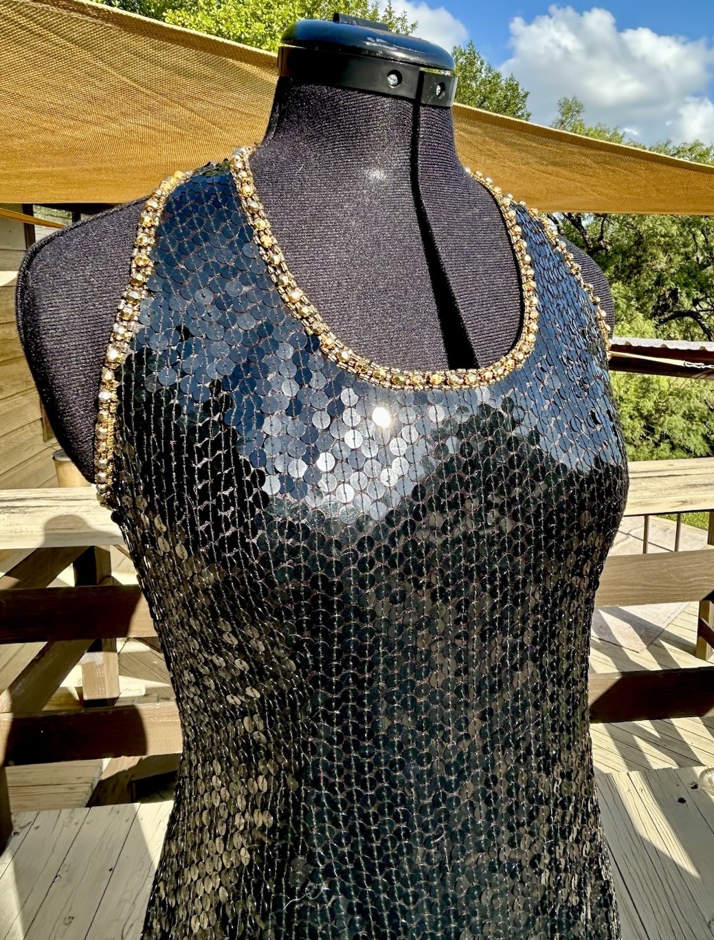 VTG Black Sequin Dress Gold Bead Trim Niteline Della Roufogali Size 10 Med/Lg