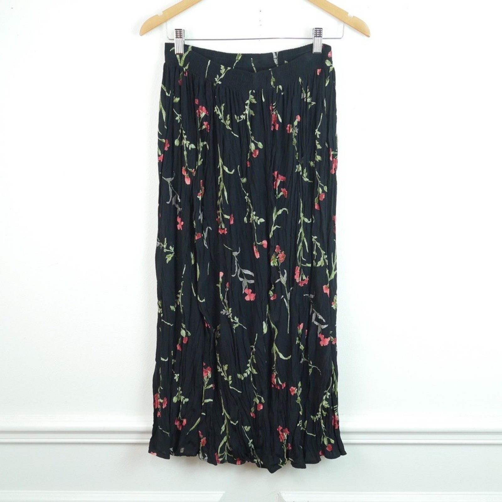 Vintage 90s Midi Maxi Skirt Small Crinkle Dark Floral Moody Whimsigoth Grunge
