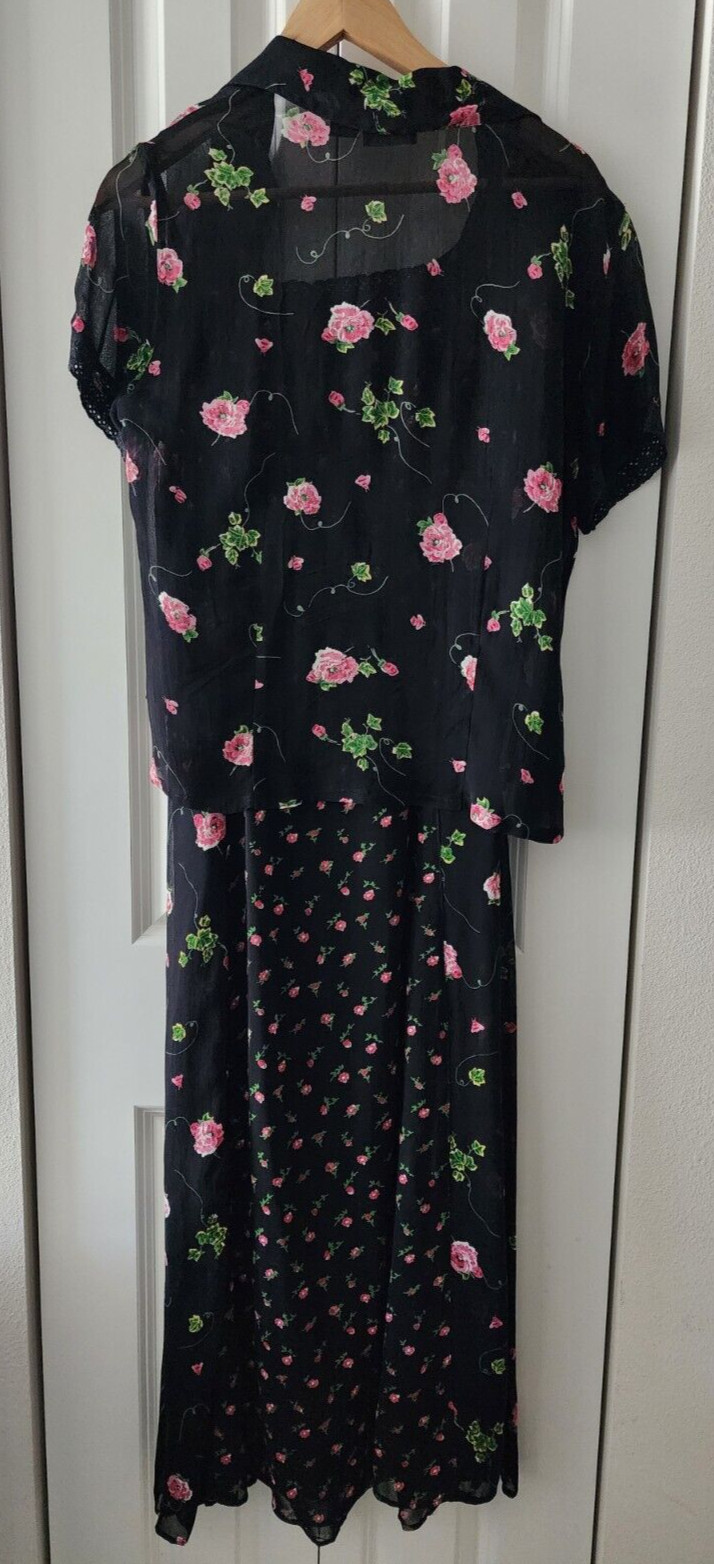 Vintage Lola P. Maxi Dress Black Multicolor Floral Textured Gauze- Size S