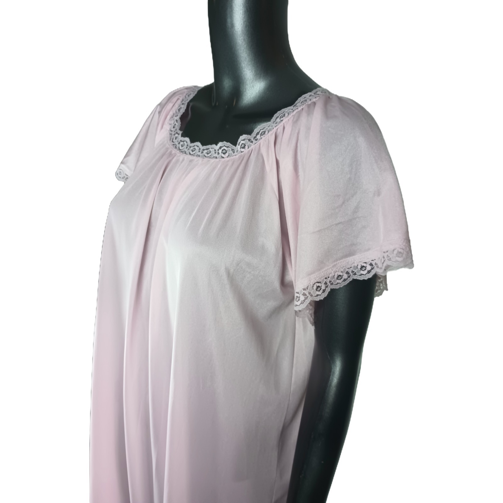 Vtg Sheer Pink Full Length Nighty With Rose Lace Trim Peasant/Baby Doll Size L