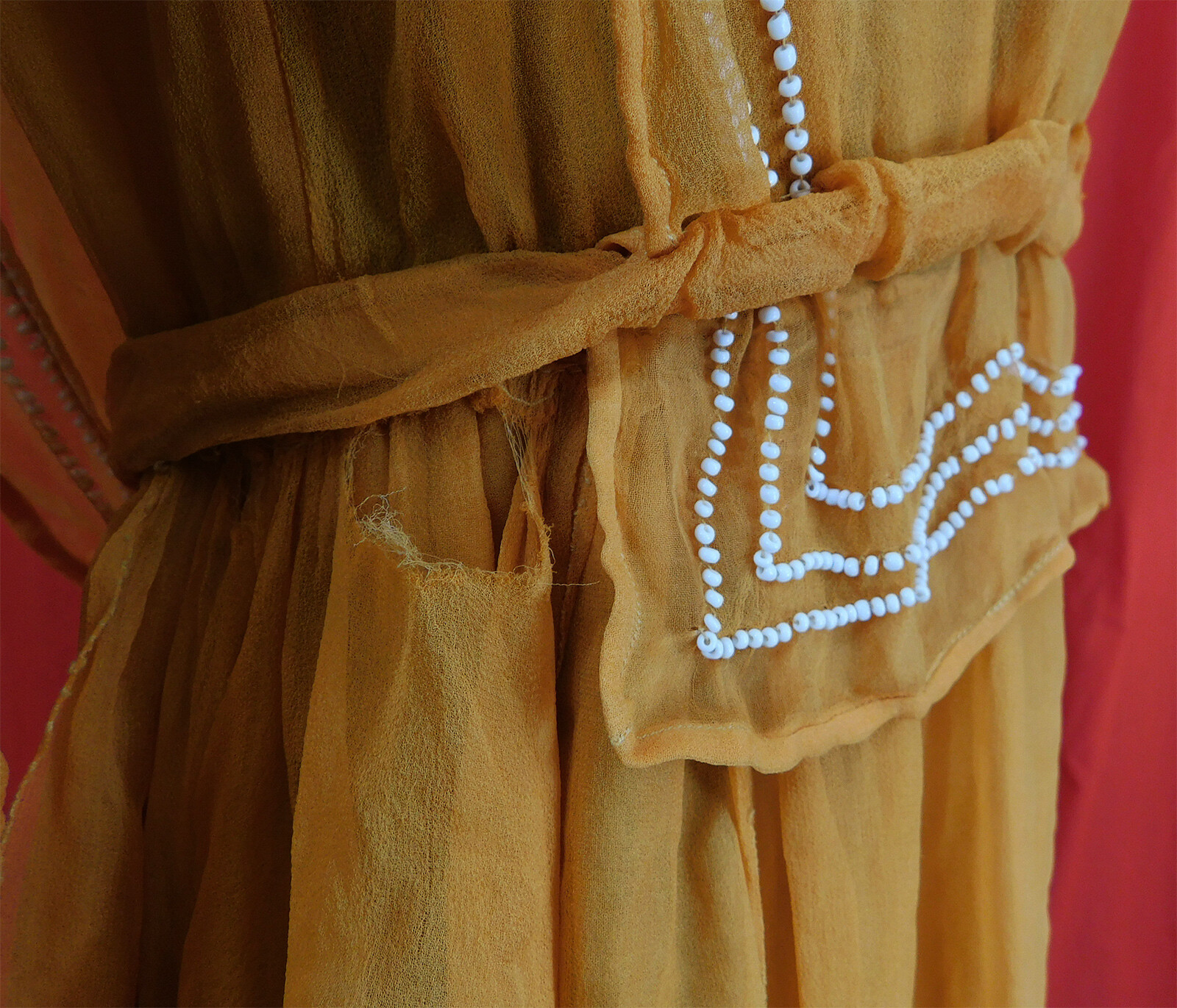 Vintage Orange Silk Chiffon White Beaded Cherries Handkerchief Hem Tabard Dress