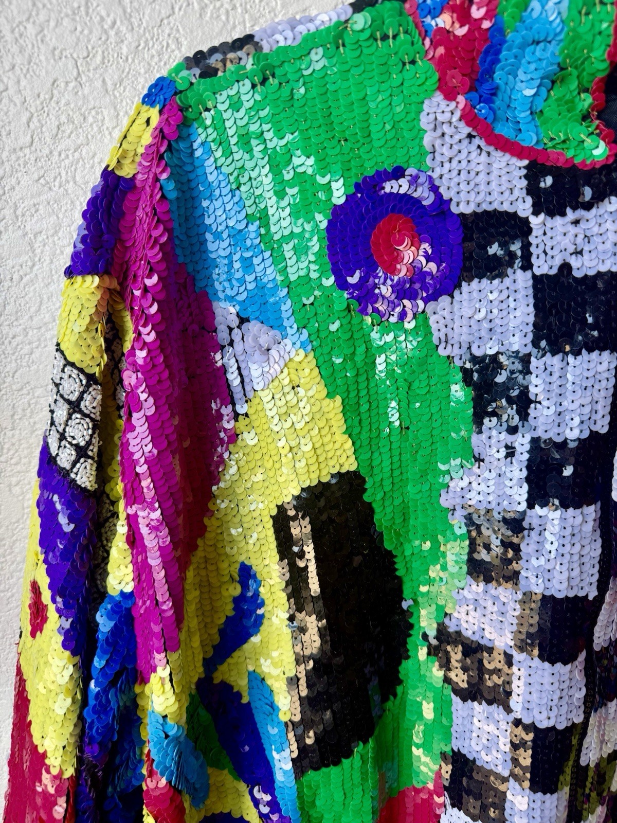 Vintage 80s Sequin Beaded Colorblock Art Deco Zip Jacket Statement Coat Glam XL