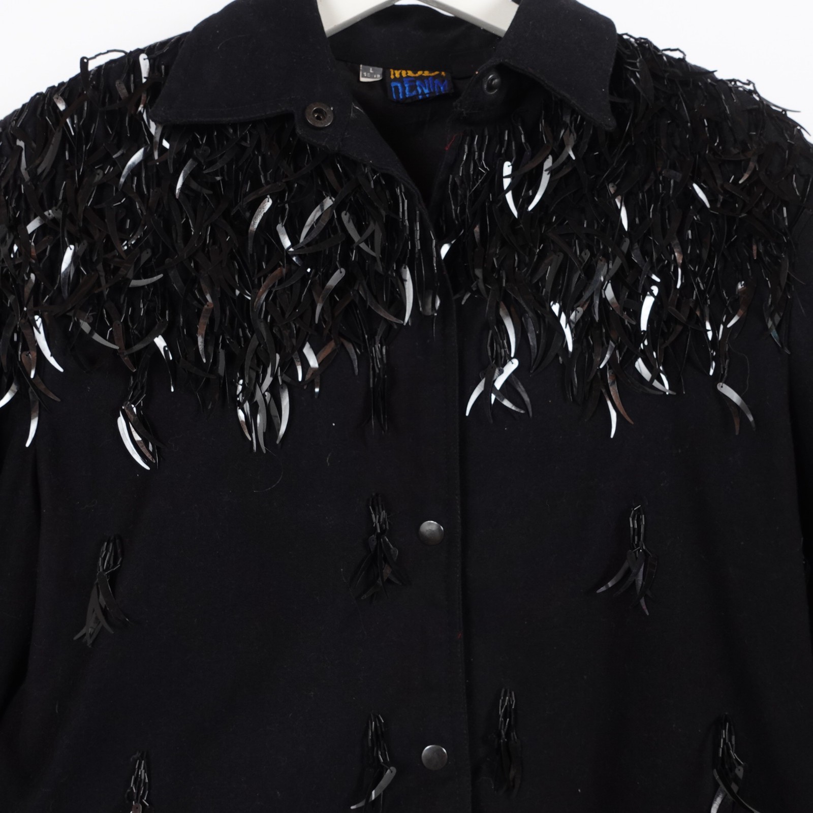 Vintage Modi Denim Feather Sequin Jacket Women Size Large Black Beaded Fringe
