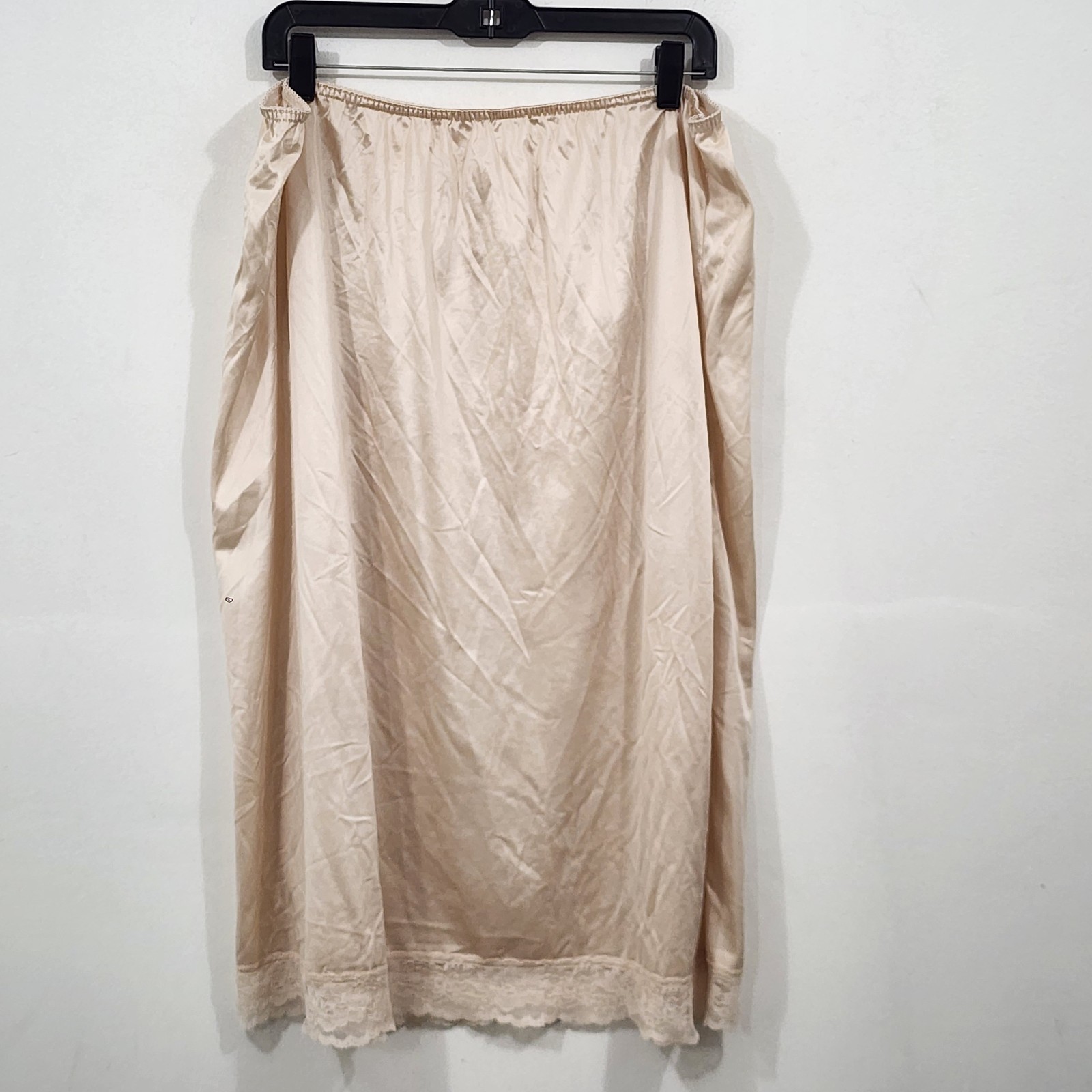 Vintage Beige Satin Nylon Lace Trim Knee-length Slip Skirt Elastic Plus 26/28W