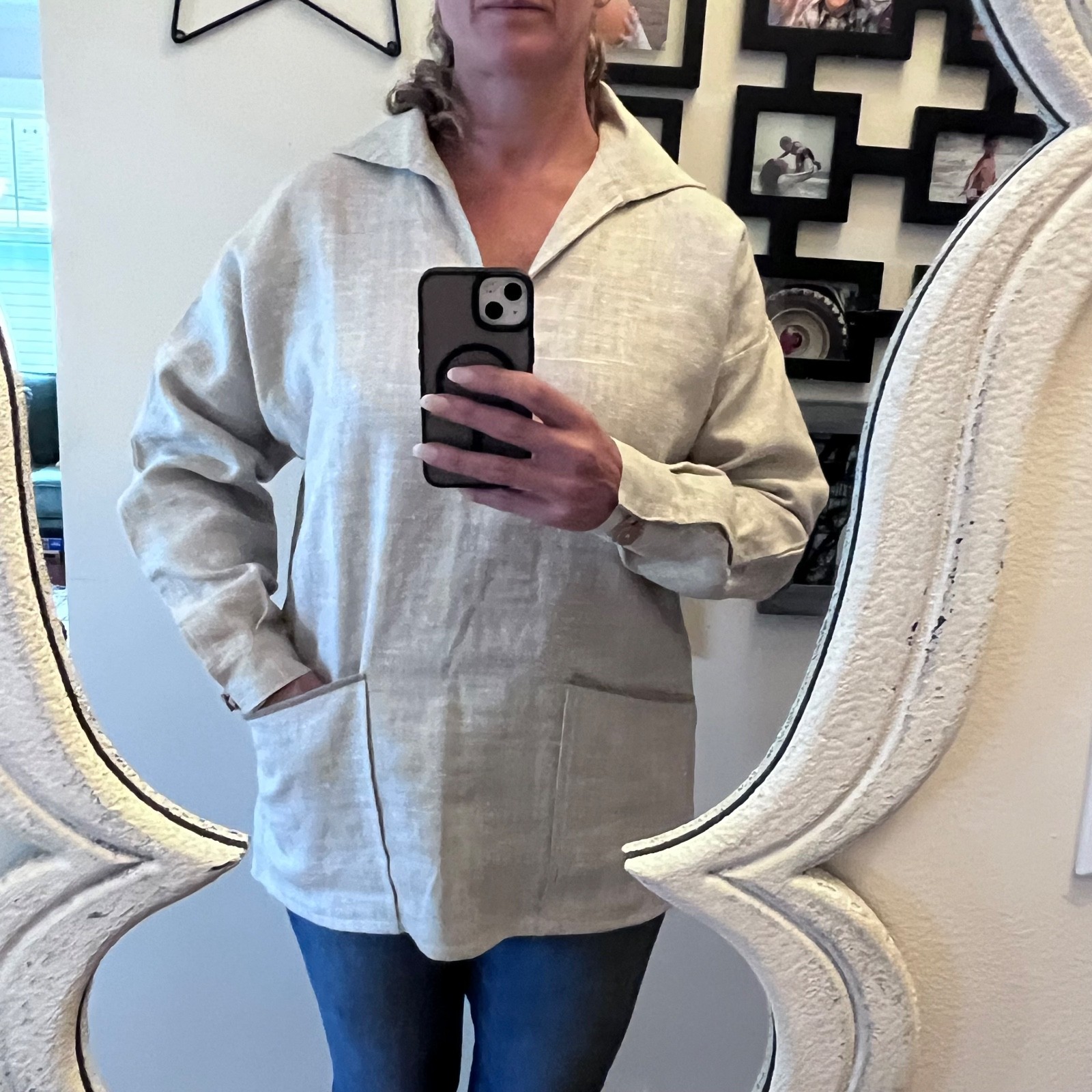 RARE Vintage 70s KINSALE SMOCK Moygashel 100$ Linen Fisherman Top Sz L