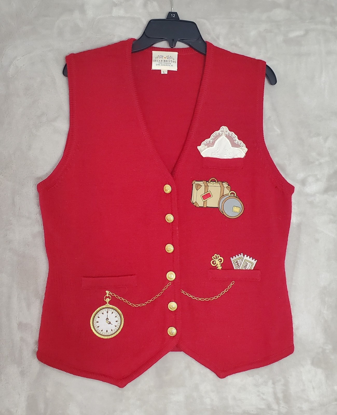 Vtg 90s Susan Bristol Vest Embroidered Red Wool Womens L Travel Preppy READ