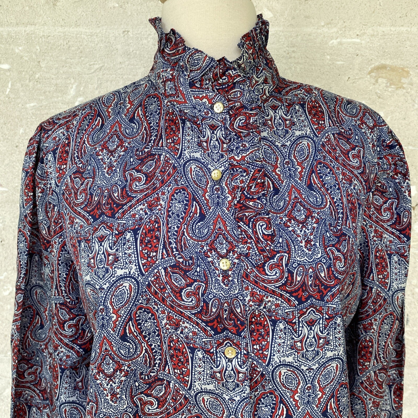 Vintage Secretary Blouse Shirt Large Red White Blue Paisley Ruffle Neck 70s 80s