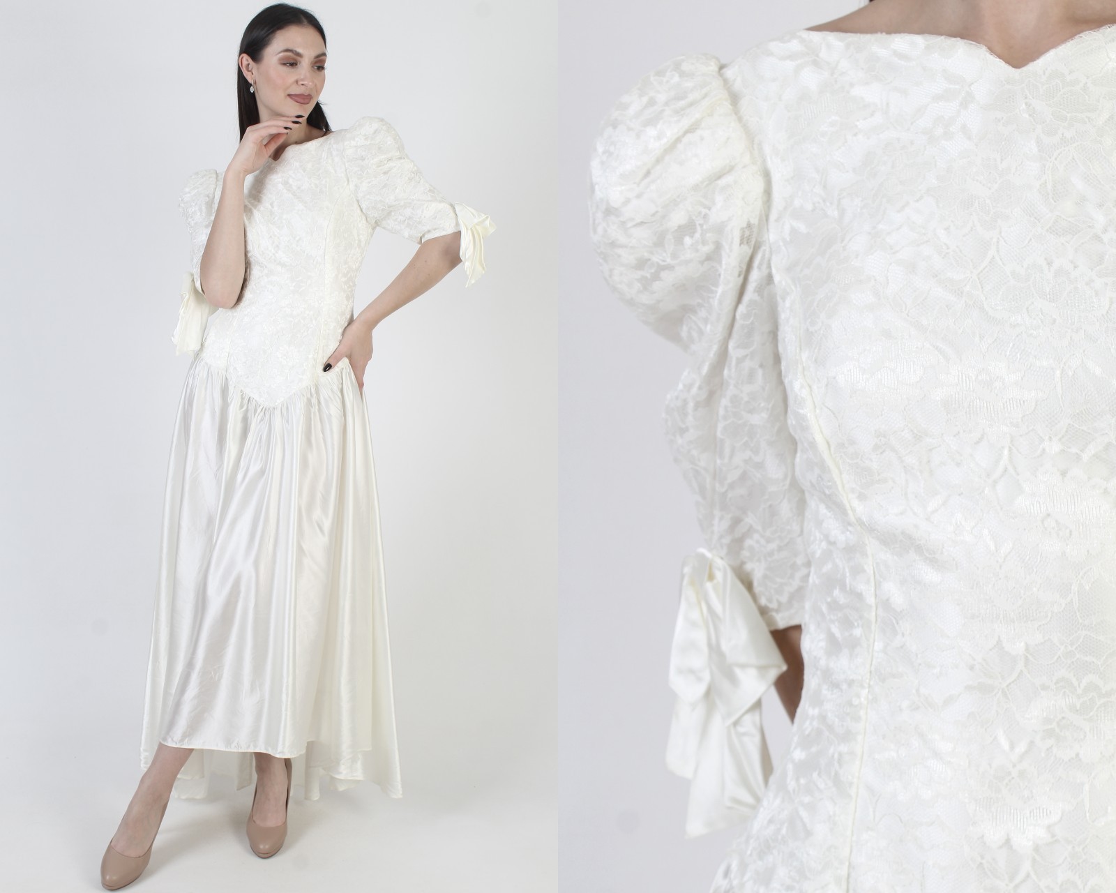 Vtg Alfred Angelo White Wedding Dress Designer Asymmetrical Hi Lo Bridal Gown