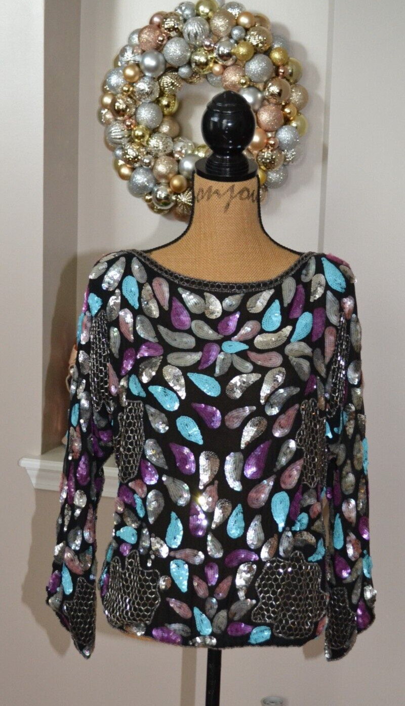 Pure Silk Vtg 1980 s Sequin Embroidered Beaded Blouse Designer Blouse sz M