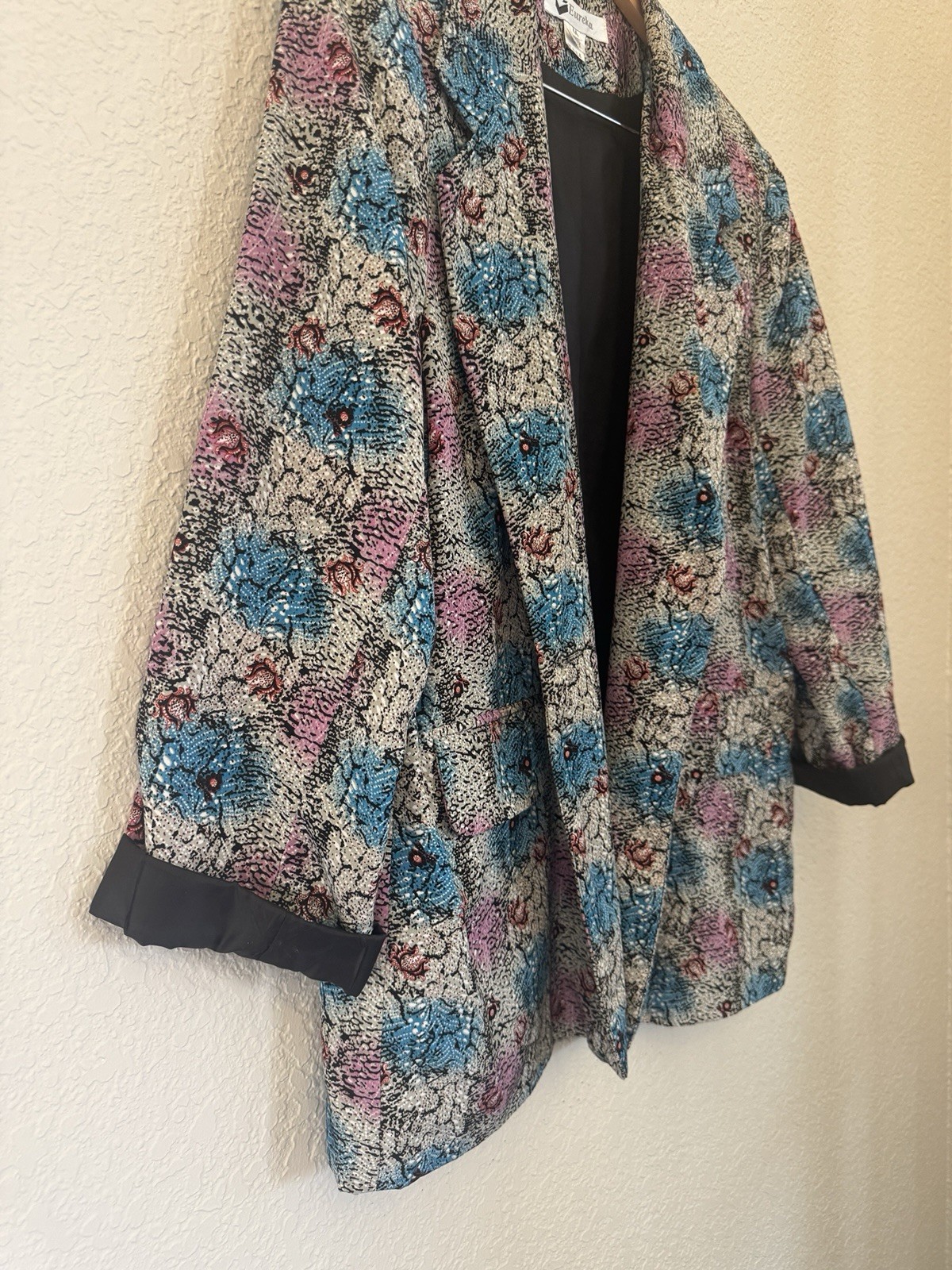 Vtg 80s EUREKA Oversized Floral Blazer Jacket 100% Silk Open Front Pockets 44