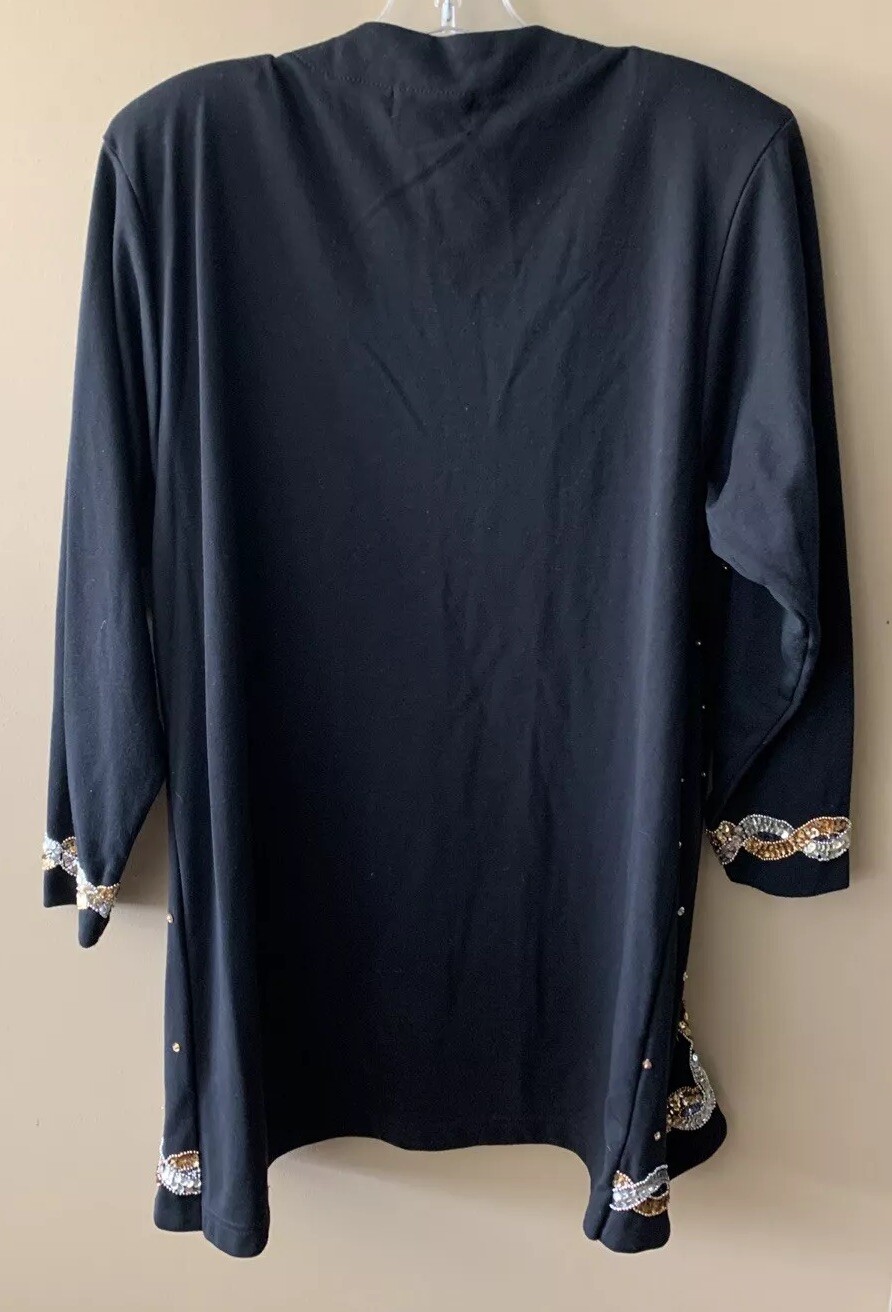Eminent Black Evening Cardigan Open Front Sequins Silver Gold MEDIUM VINTAGE B8