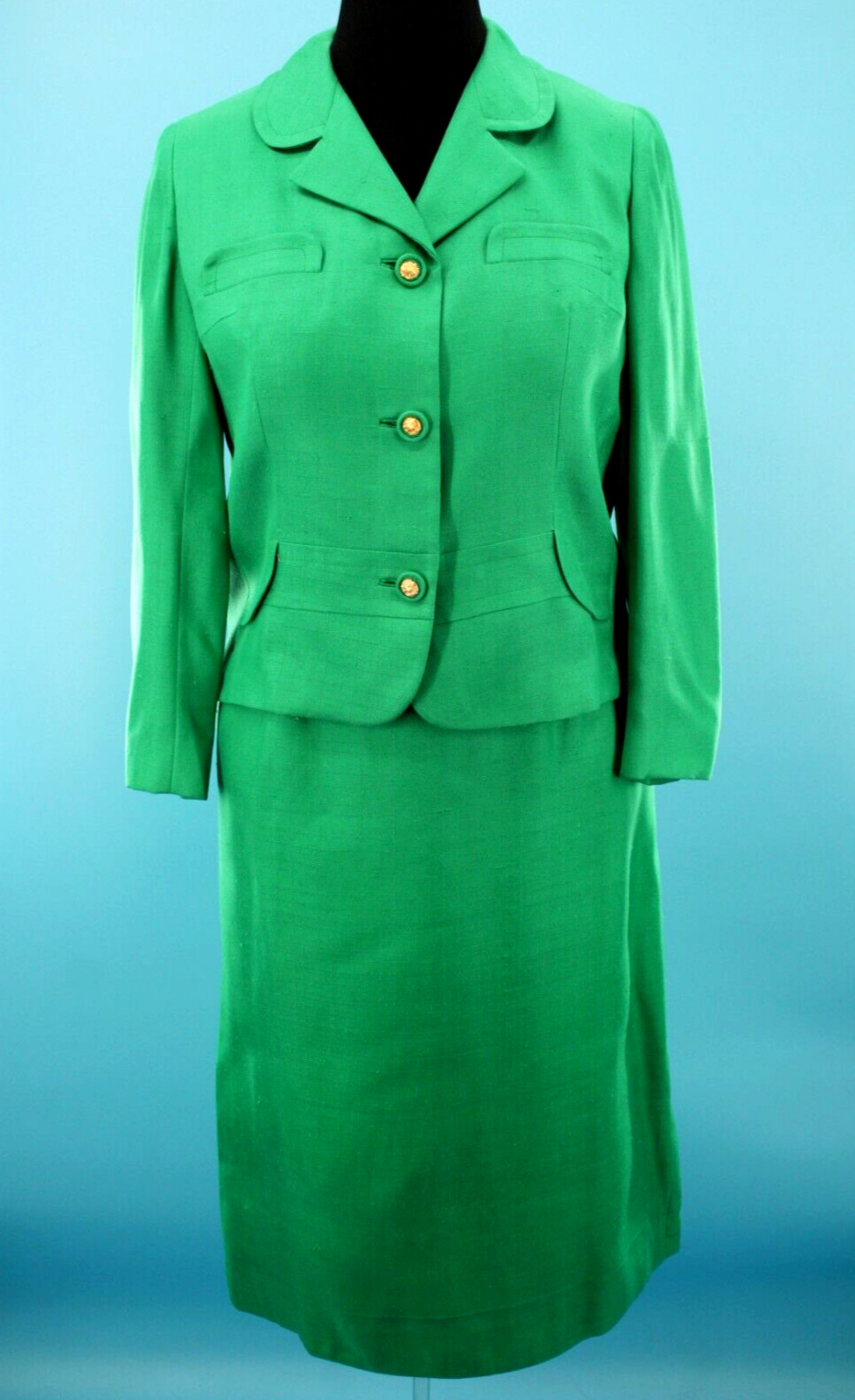 VTG Women’s 60s 2 Pc Kelly Green Dress Suit Set W/ Lion Head Buttons M/L 1960s