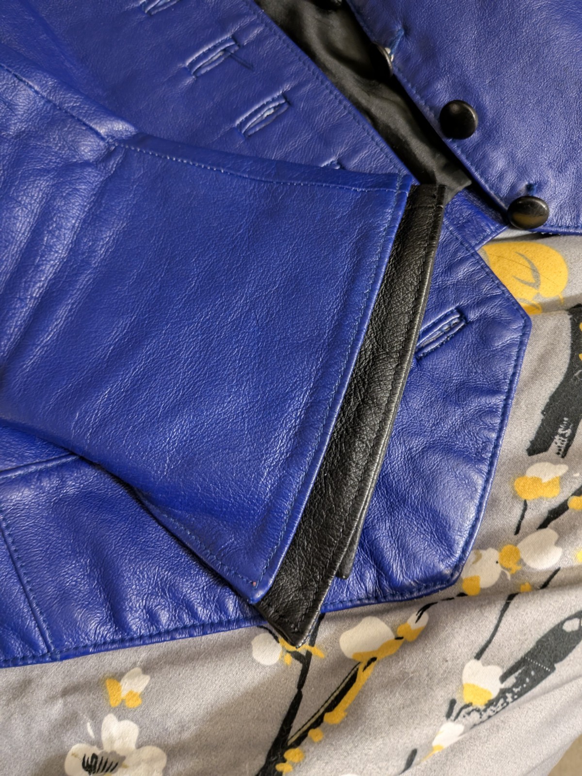 Vtg Leather 2-tone Jacket, Blue With Black Accents, Buttons, Vest Styling Sz 8