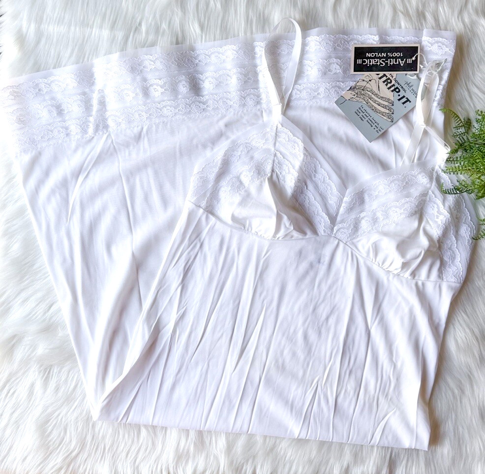 NWT Vintage Philmaid Lingerie White Full Slip Lace Length Control Strip It 36
