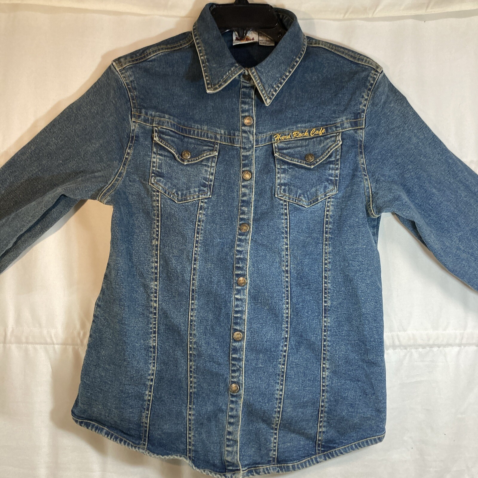 VTG Hard Rock Cafe Hollywood Denim Jacket Women’s Size Small Jean Hong Kong Y Lg