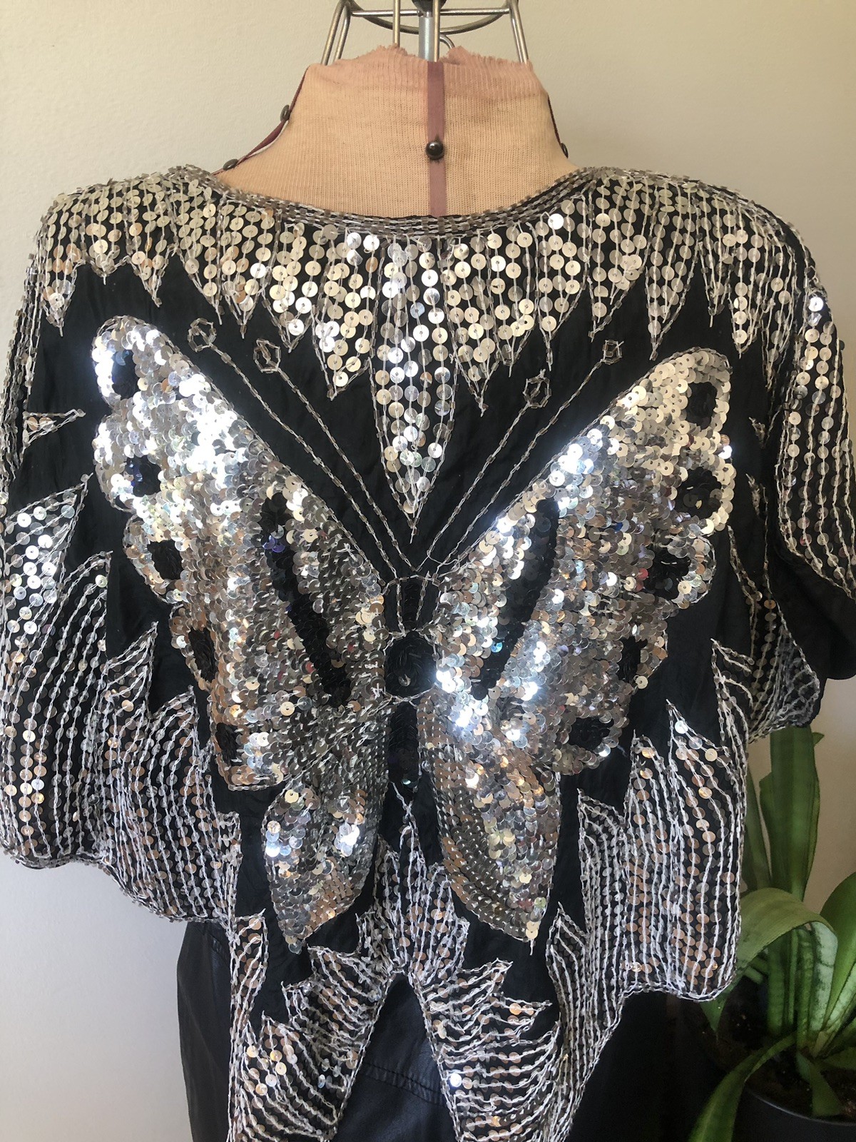 Vintage 1970’s-1980’s Silver And Black Sequin Butterfly Pullover Poncho Capelet