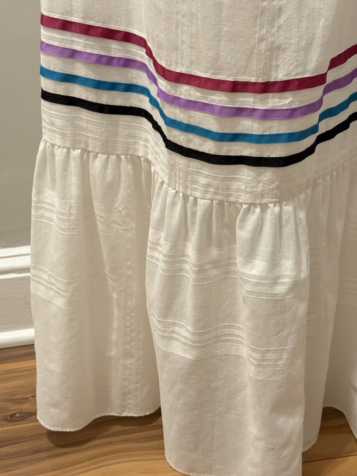 Vtg Liberty House Carol Bennett Kaftan Maxi Dress White Colorful Ribbon M READ