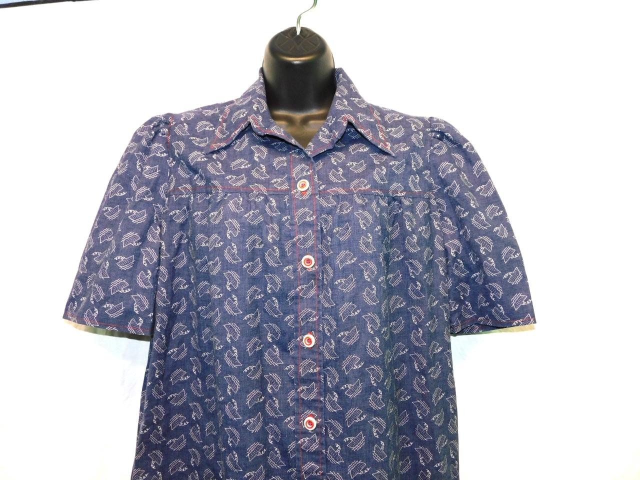 Vintage 70s XL Blue White Boat Print Tunic A Line Mini Shirt Dress Short Sleeve