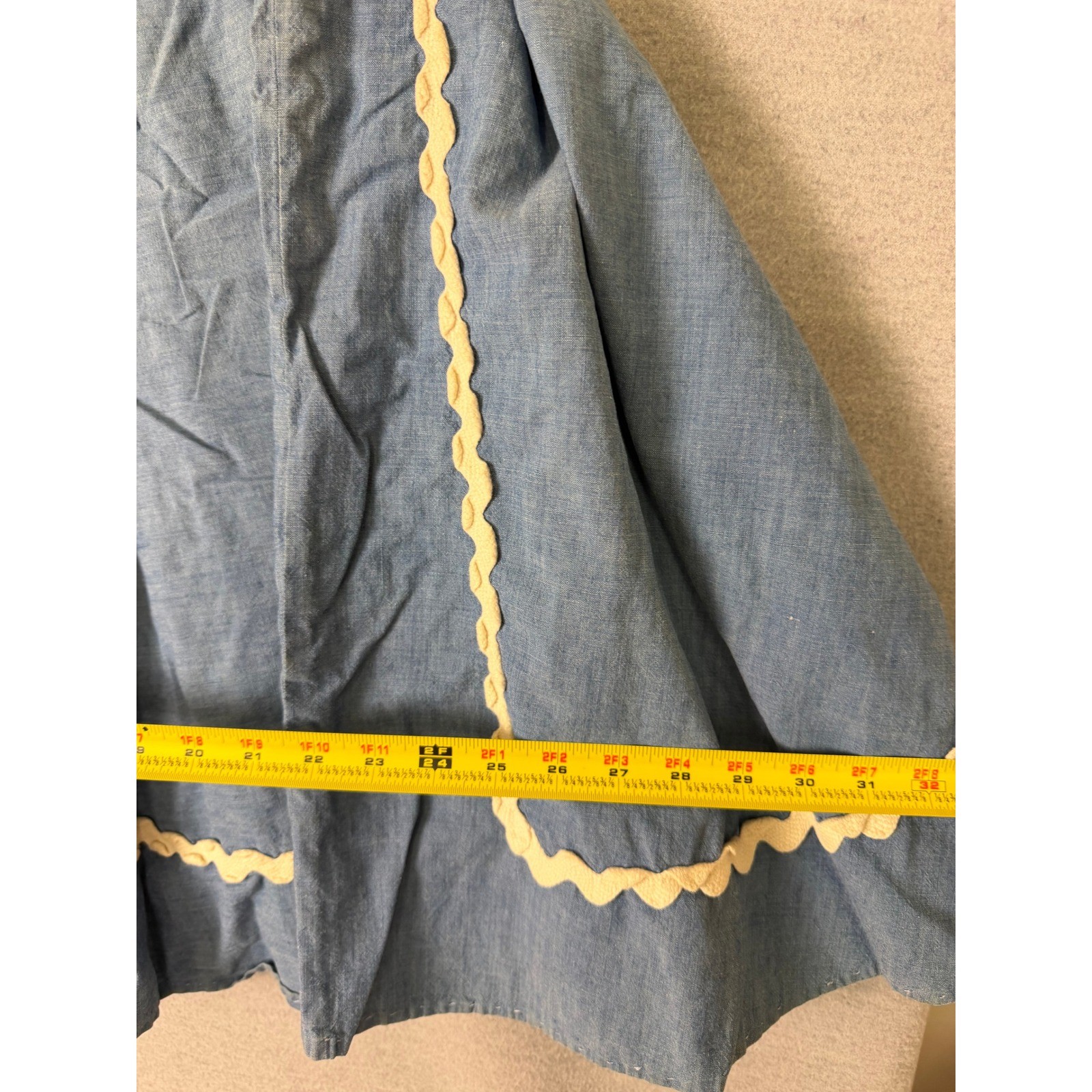 Vintage 50s Blue Chambray Rickrack Trim Circle Skirt High Waist Metal Zipper