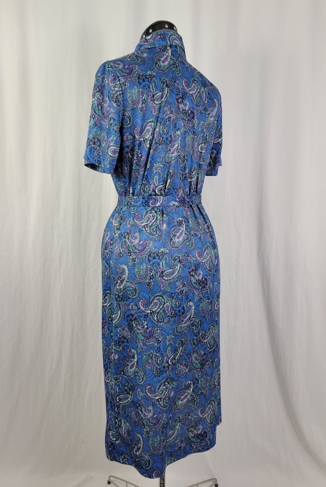 Vintage Ina Carol Blue & Purple Paisley S/S Dress w Matching Tie Belt Size 14
