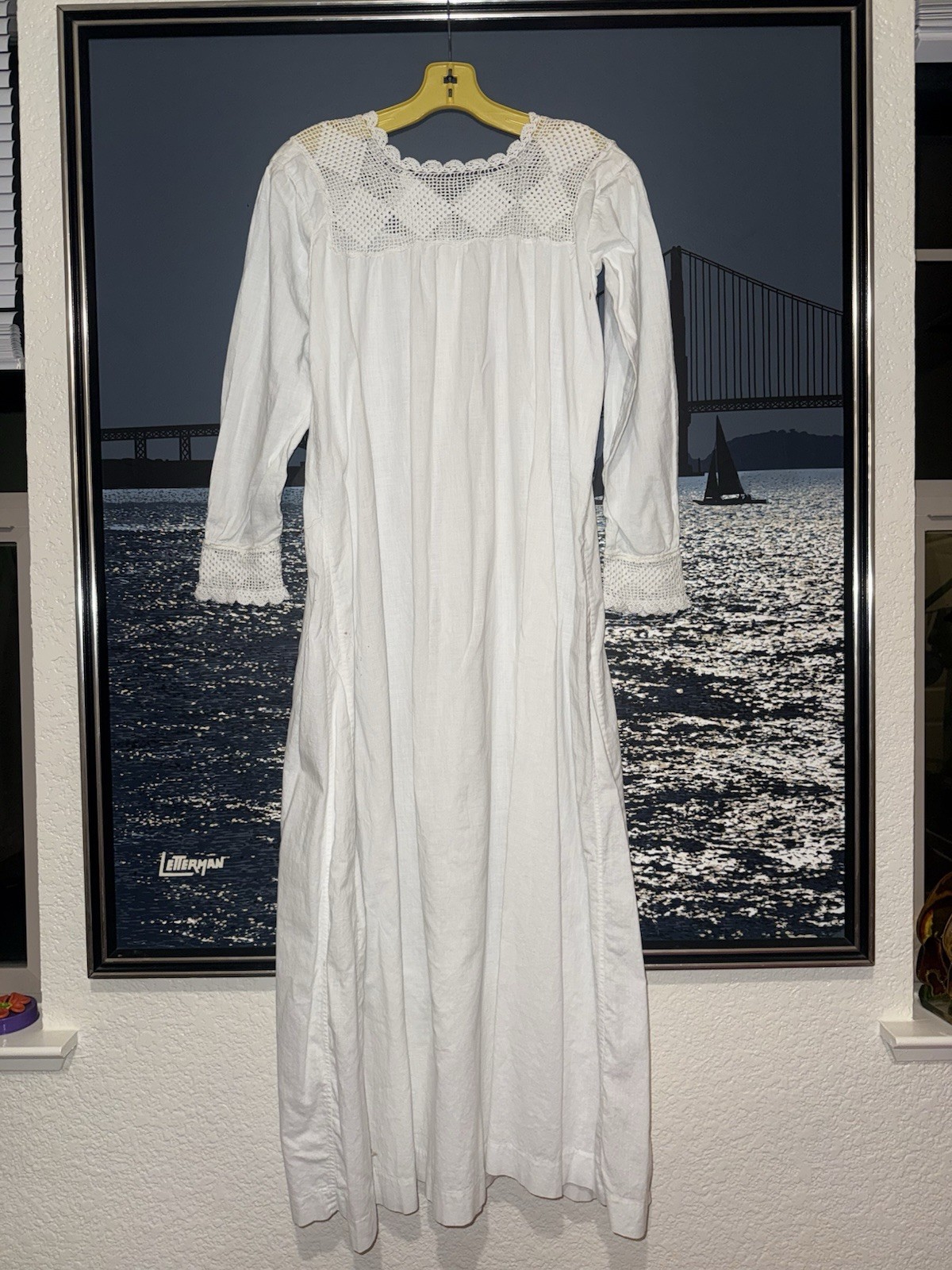 Antique 1900s Edwardian White Cotton Nightgown Hand Crochet Lace Yoke Cuffs