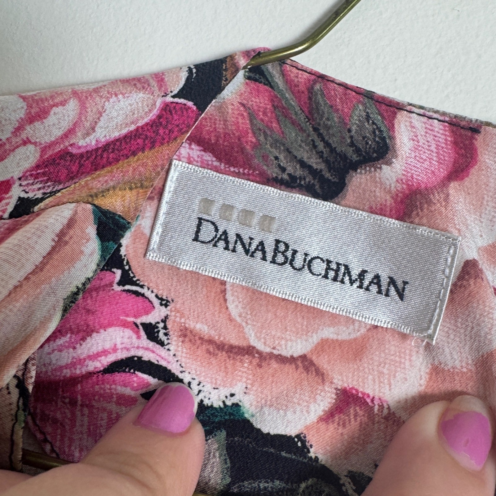 Dana Buchman 100% Silk Floral Blouse Pink Green Black Vintage 90s Size 14