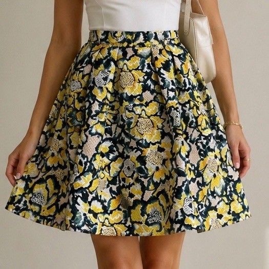 Yellow Floral Jacquard Skater Skirt Womens 6 Cottagecore Fit Flare Spring Retro