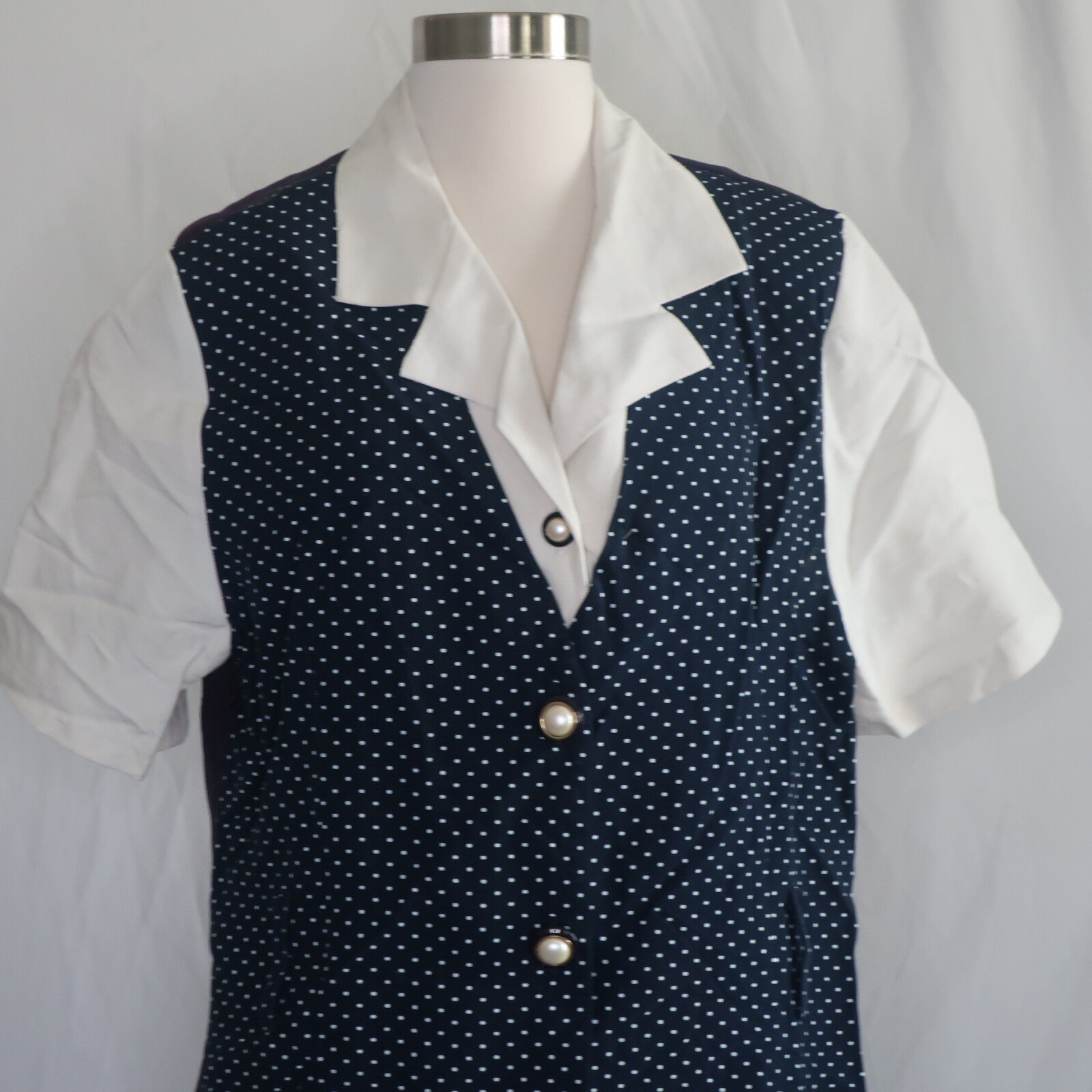 Vtg Whirlaway Frocks Blue White Polka Dots Print Pearl Skirt Suit Sz 12 USA Made