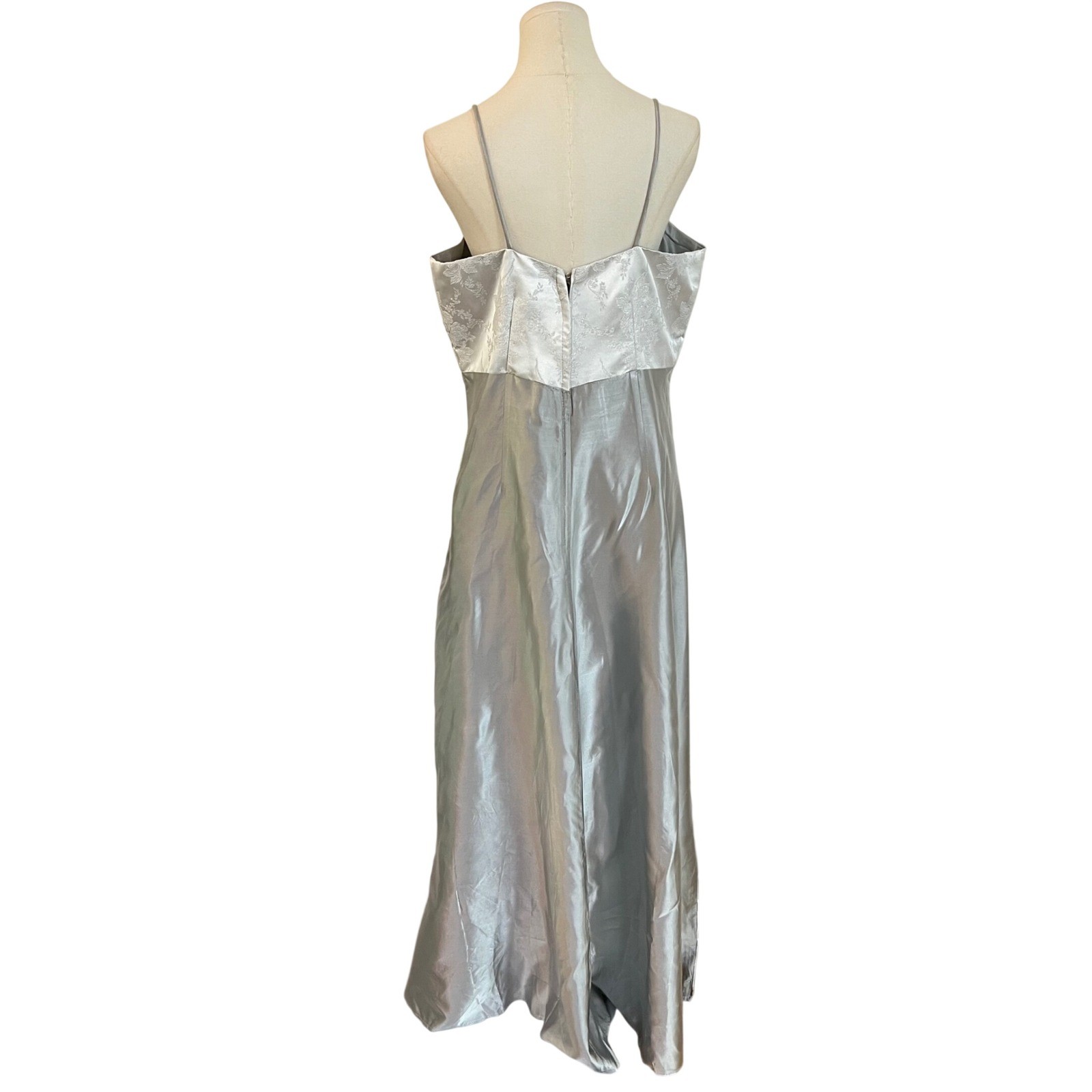 Do You Love Me Silver Acetate Brocade Maxi Slip Dress 90s Prom Gown Vintage 18