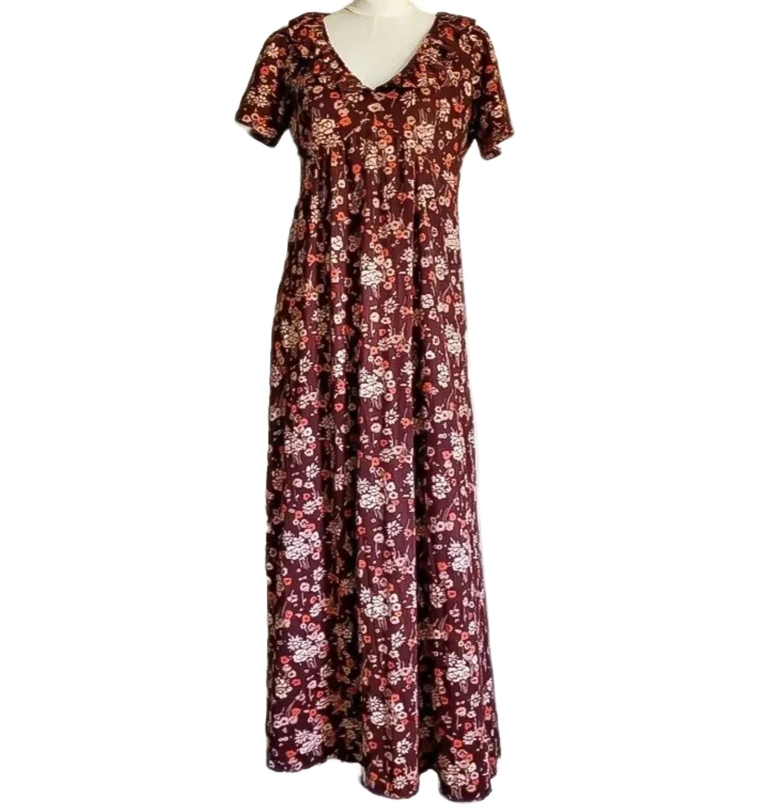 VTG 70s Nylon Jersey Maxi Dress w/ 1930s Inspired V-Neckline & Ruffle Collar L