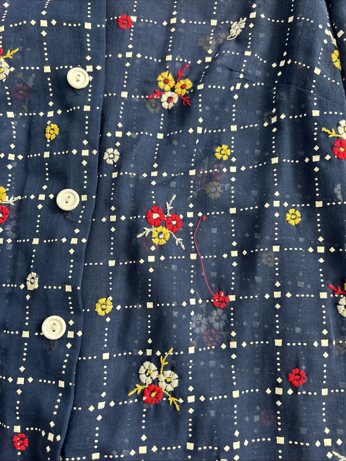 Vtg Womens JULIE MILLER California Blouse Hand Embroidered Sheer Shirt Navy Sz6