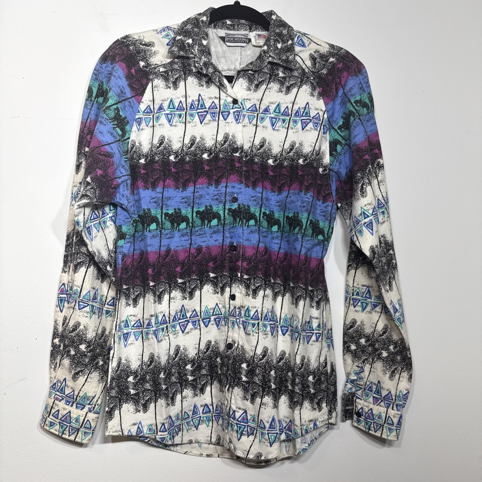 Vintage 80s Rocky Mountain Clothing Co Blouse Western Button Aztec Horse Size M
