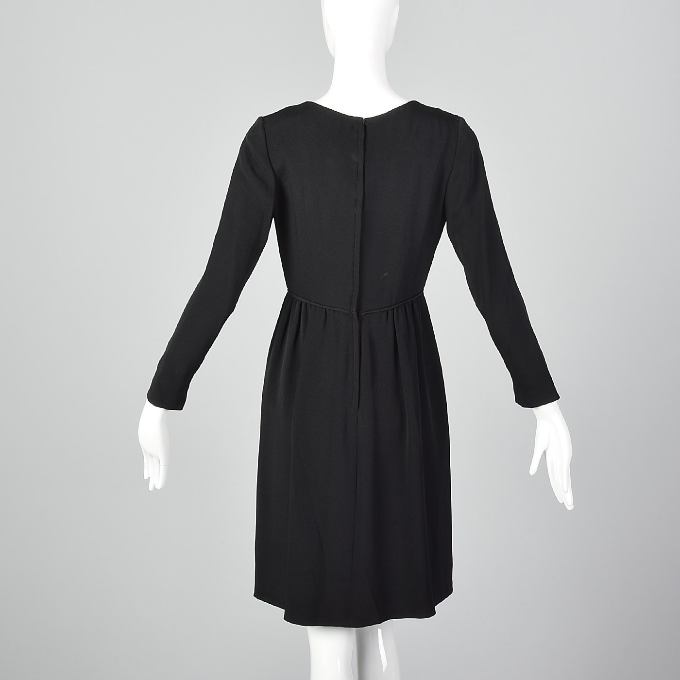 XS 1960s Fred Perlberg Black Dress VTG Decorative Buttons Long Sleeve Gathered