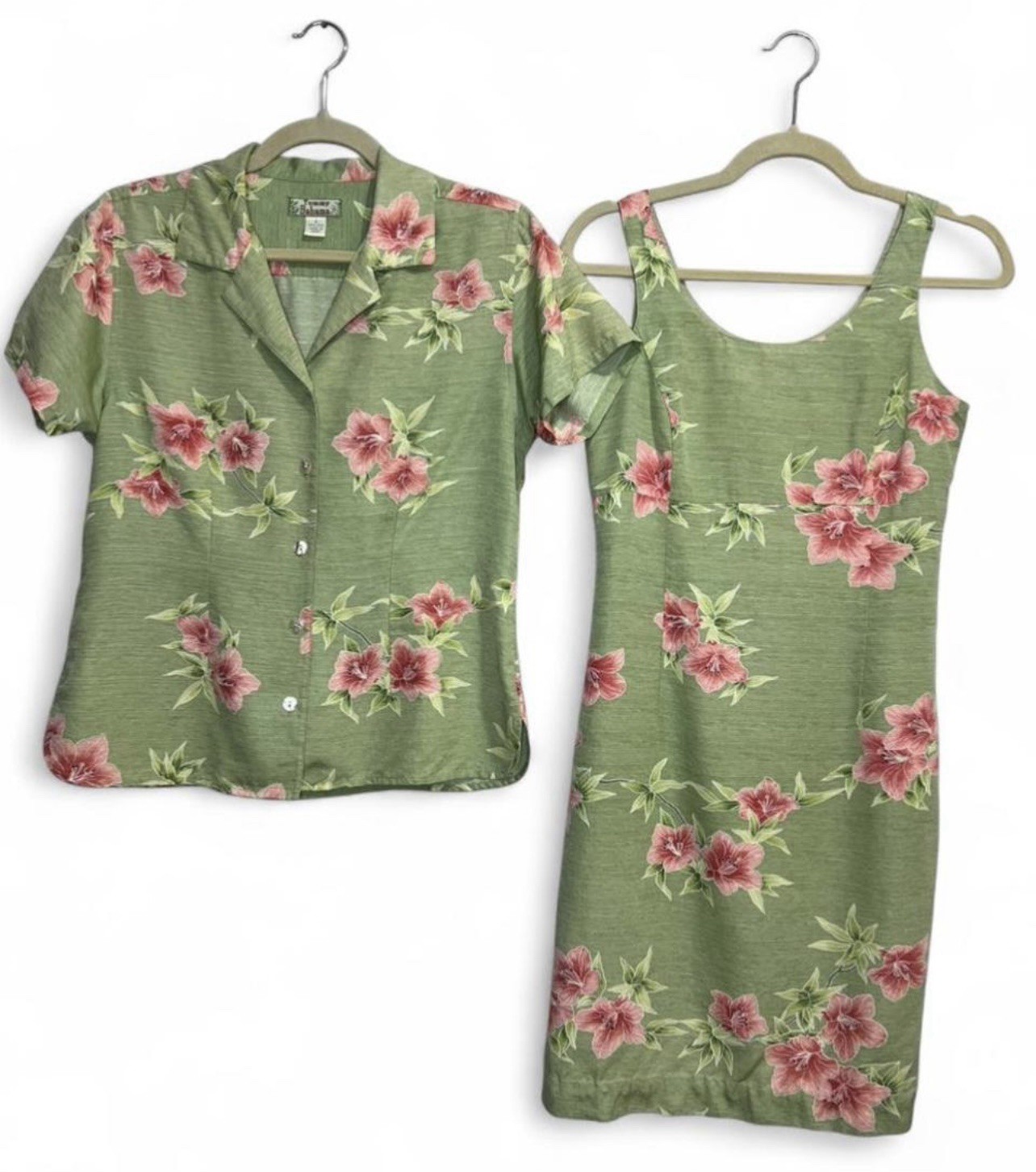 Vintage Y2K 100% silk Tommy bahama green floral dress and button up matching set