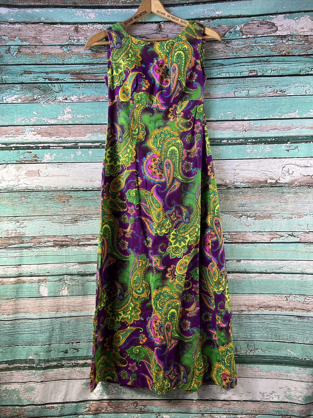 Vtg Karen Ann Hawaiian Maxi Psychedelic Print Bark Cloth Hostess Dress Neon