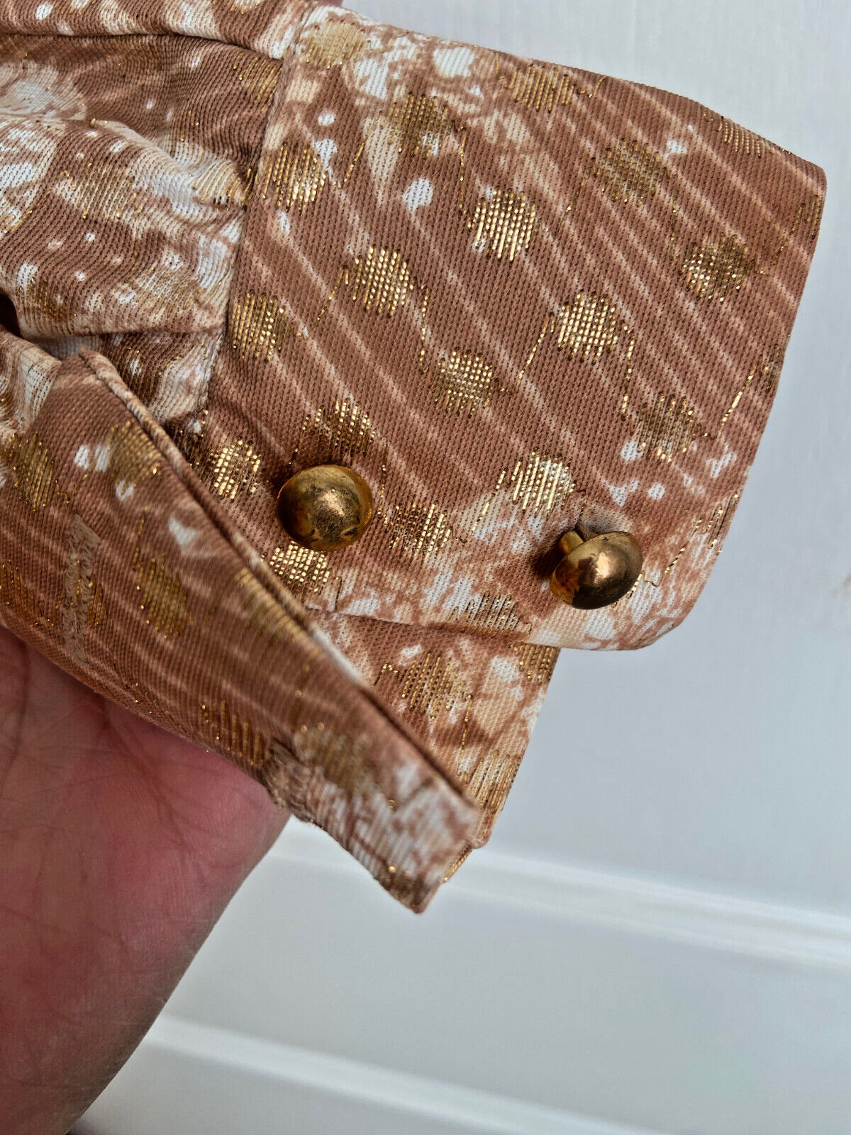 Vintage Nancy Greer Dress Gold Metallic Abstract Print Neck Tie Box Pleats SZ 8