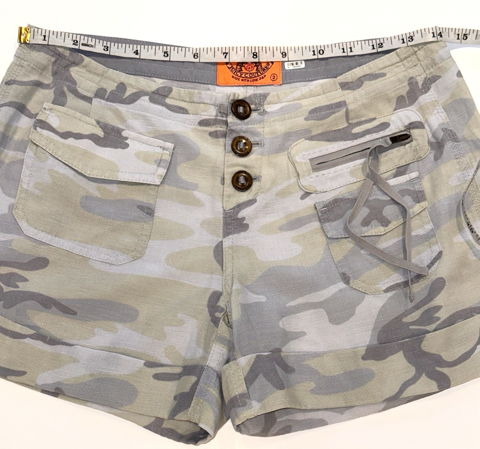 RARE Y2K Juicy Couture Low Rise Camo Cargo Chino Shorts Size 2 EUC Linen Blend