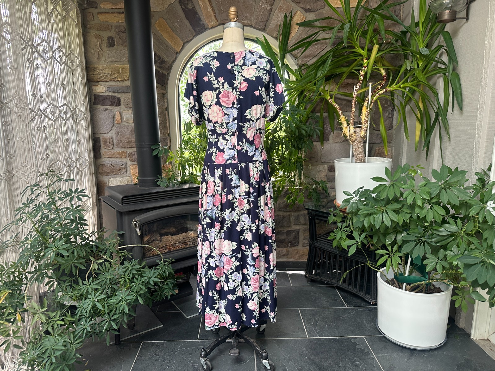 Vintage 1980s Does 1940s Navy Blue and Pink Floral Rayon Drop Waist Dress