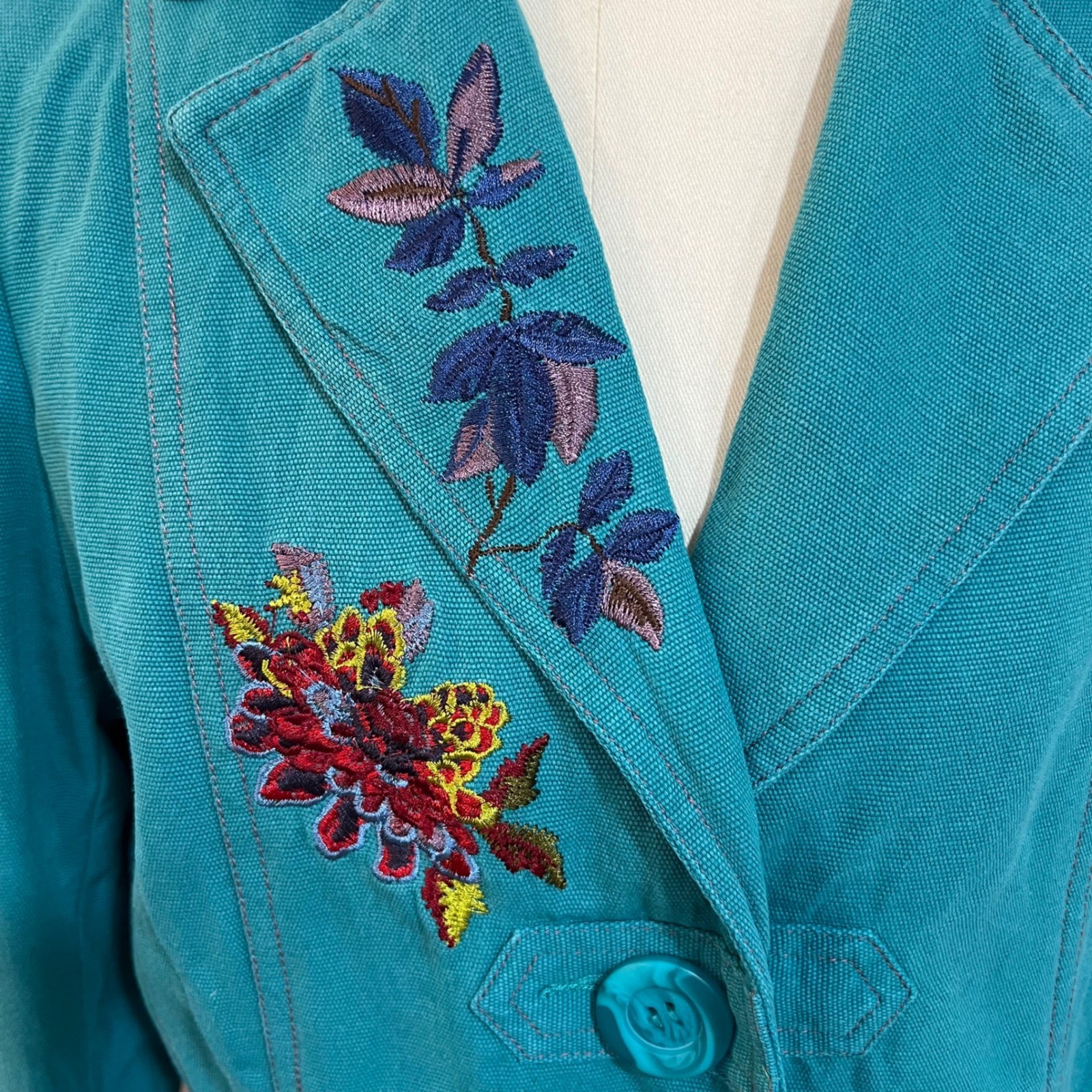 Vintage Tracy Porter Teal Cotton Canvas Floral Embroidered Boho Trench Coat L