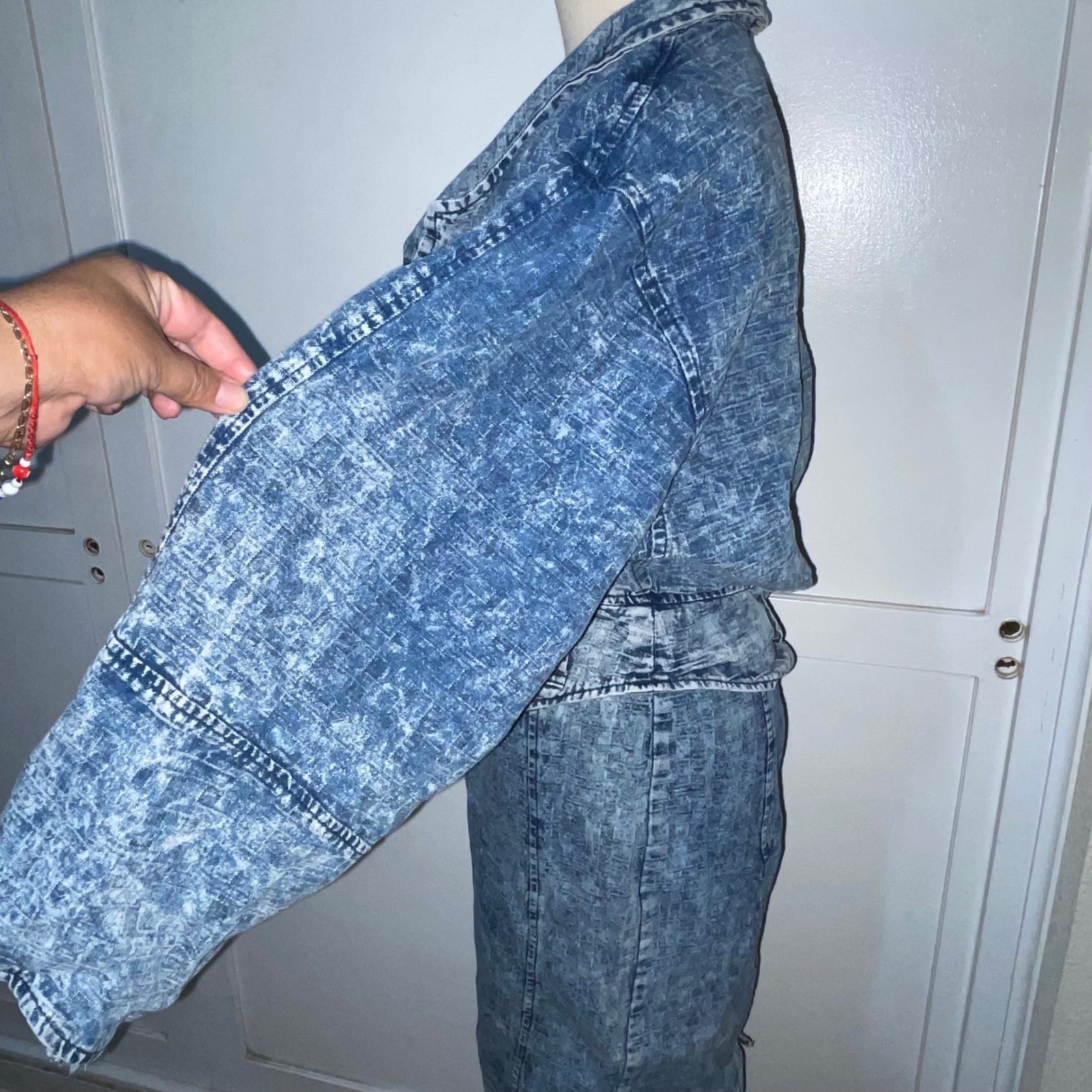 80s Paris Blues Acid Wash Denim 2 pc skirt & jacket Talon 42 Zip Puff Sleeve