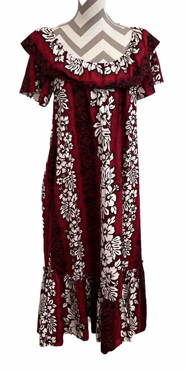 Royal Creations Maxi Dress Red Hawaiian Flowers USA Dress MuMu Size S M