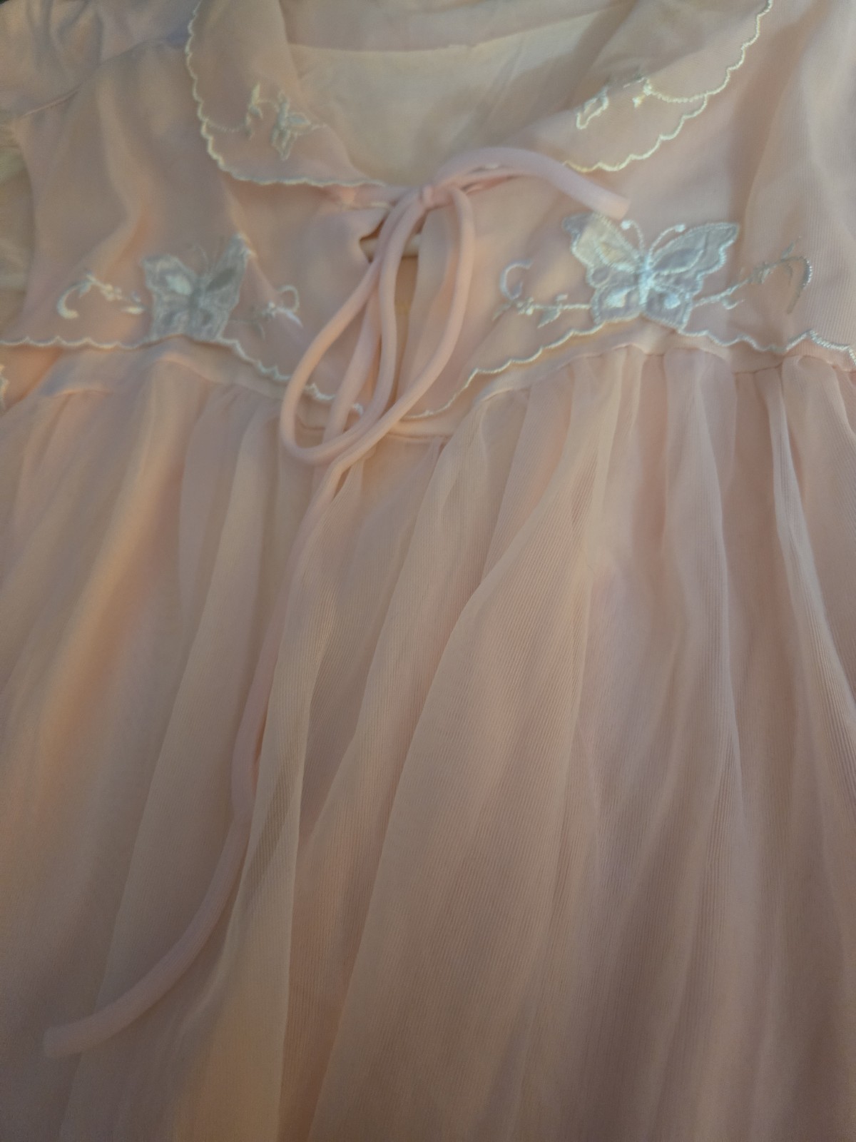 Vintage 60s Pink Chiffon Embroidered Nightgown Lingerie Dress Sz Small